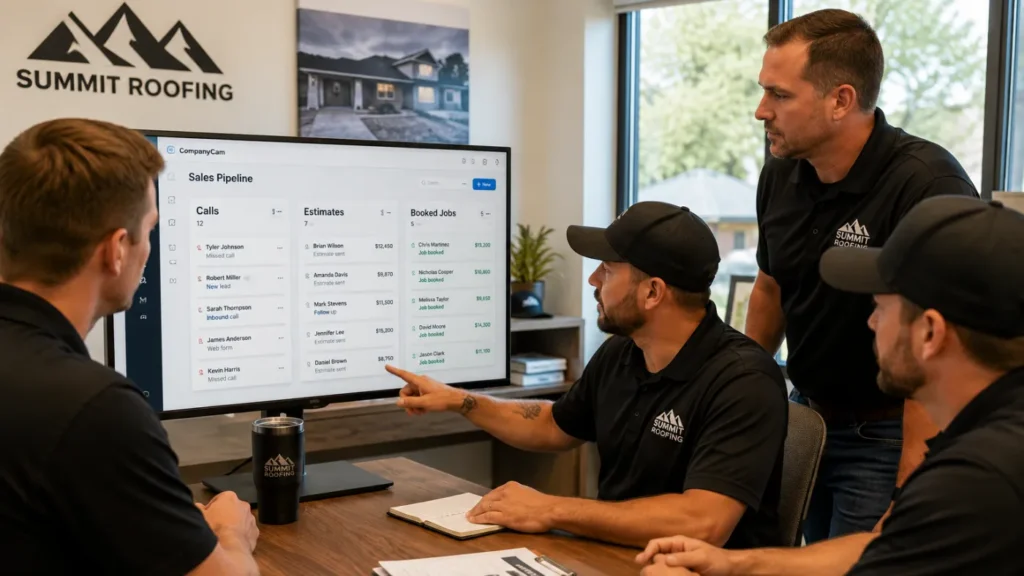 - Housecall Pro Roofing team reviewing sales pipeline and booked job leads