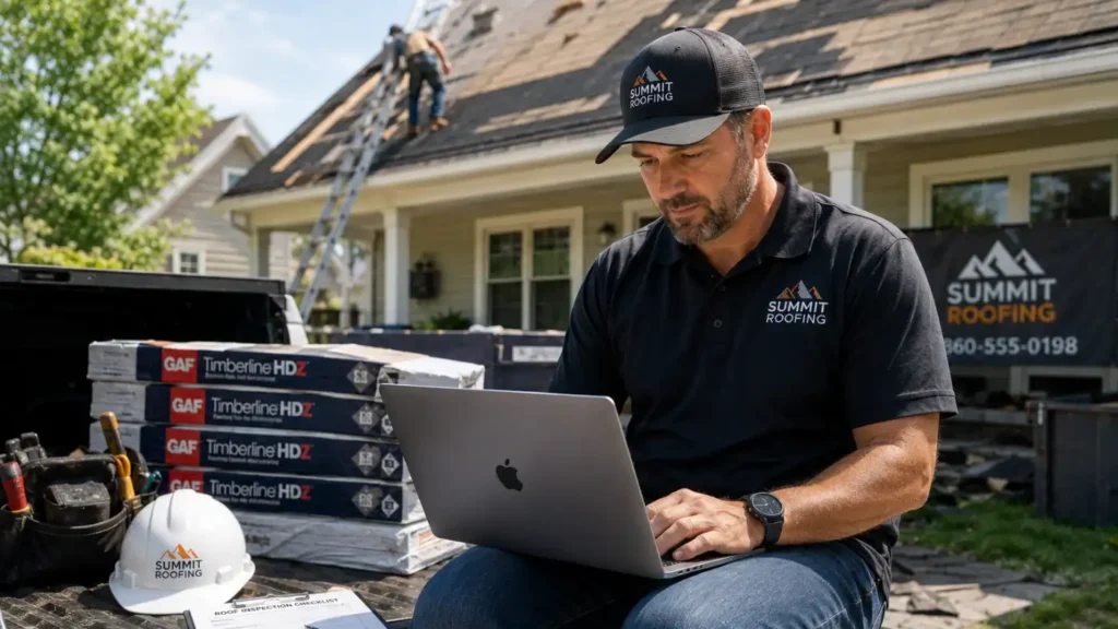 - Housecall Pro Roofing business owner reviewing website leads and lead magnet signups