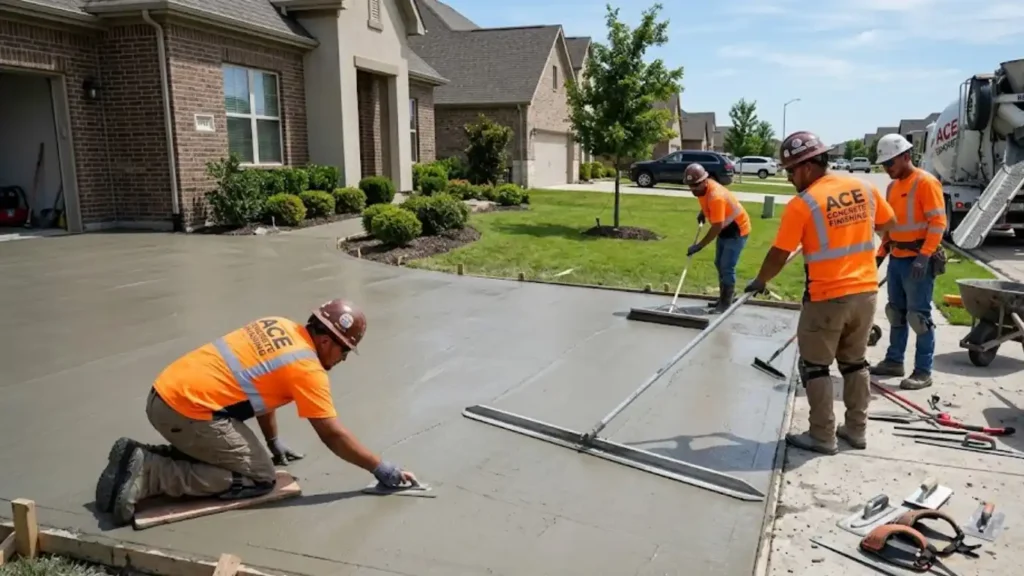- Housecall Pro Branded concrete crew in matching hi-vis vests finishing a freshly poured driveway at a suburban home, with a concrete mixer truck parked nearby.