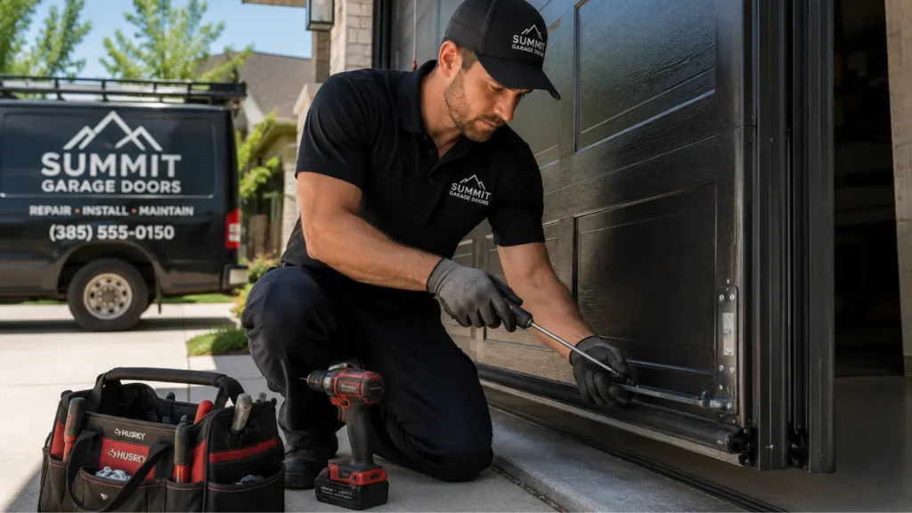 - Housecall Pro Garage door technician repairing a residential garage door