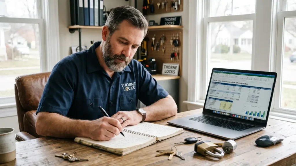 Locksmith business owner writing notes in a notebook at a desk while reviewing a business plan on a laptop, with sample keys and a coffee mug nearby.