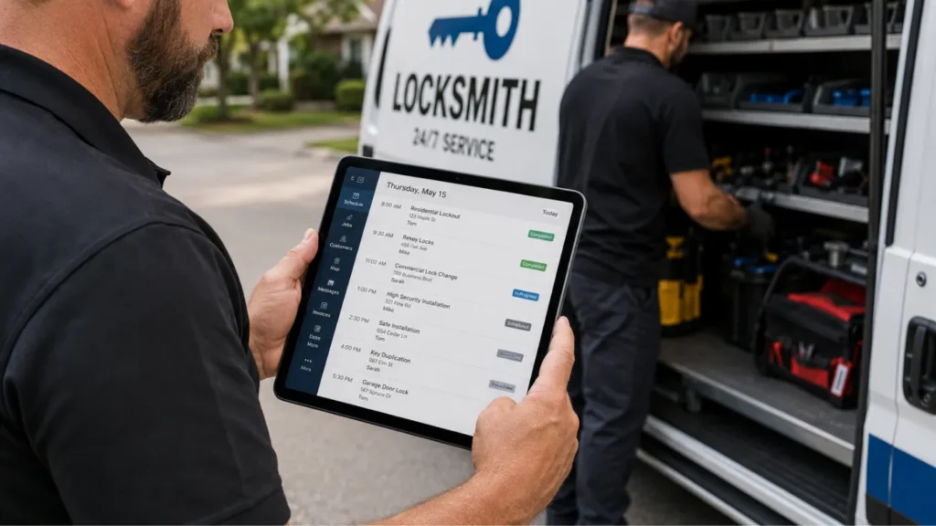Locksmith business owner reviewing a day's job schedule on a tablet beside a service van, with a technician loading equipment in the background.