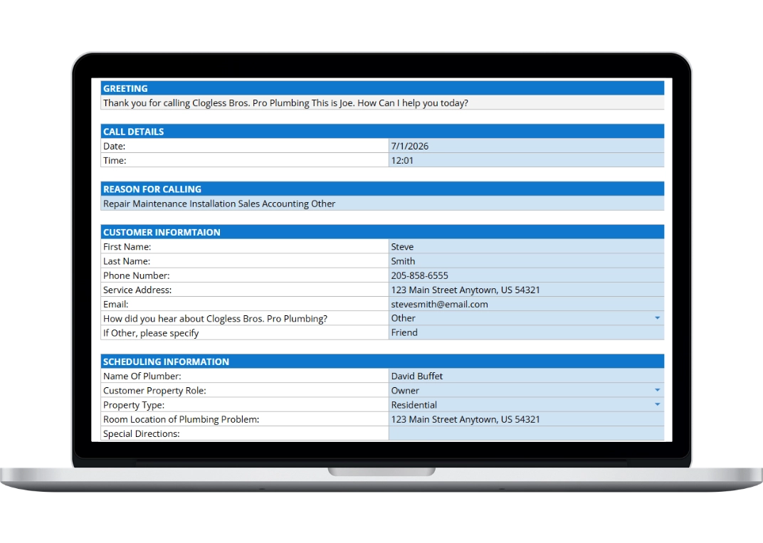 plumbing dispatcher script template showing all the details
