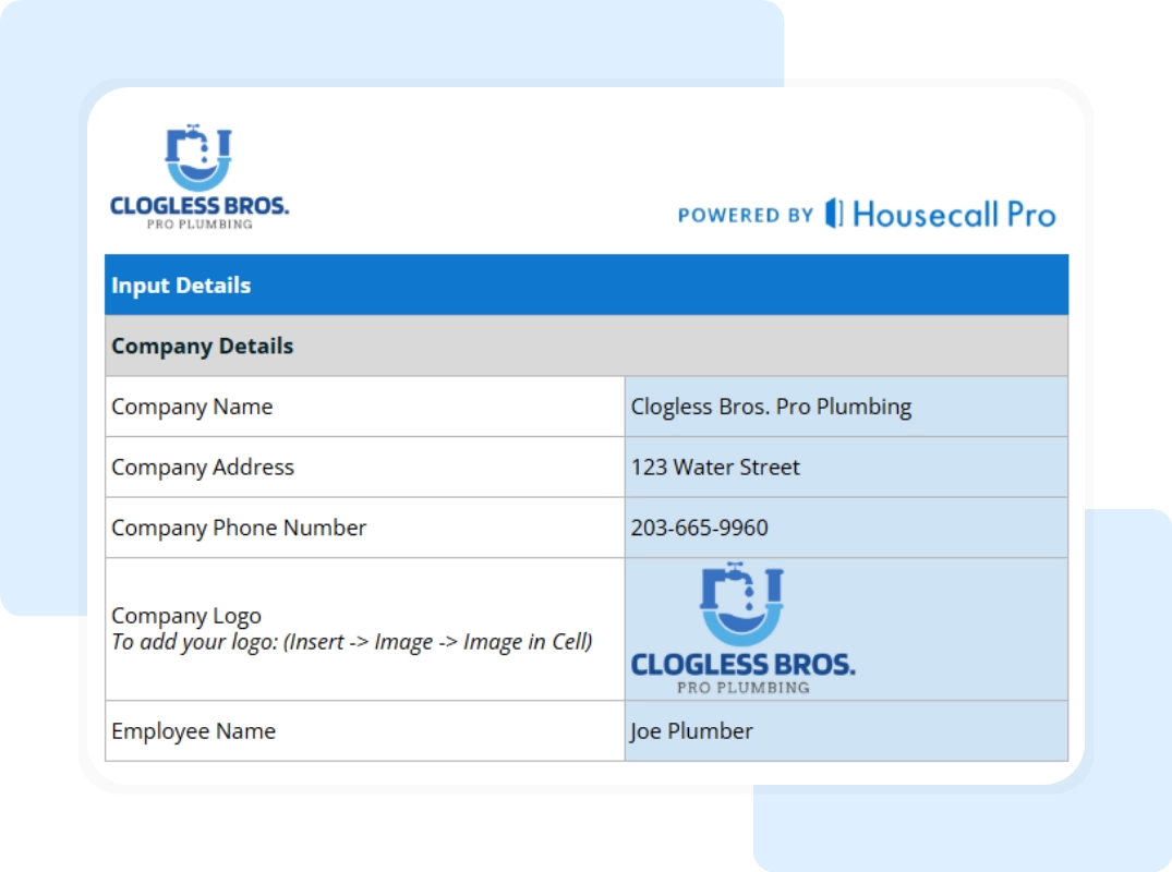 Editable plumbing dispatcher script template showing company details setup with logo, address, and employee name fields