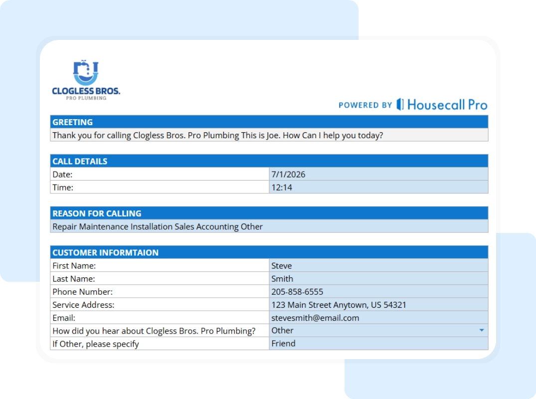 Plumbing dispatcher script template displaying greeting, call details, reason for calling, and customer information sections.