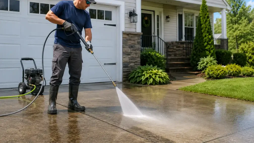 - Housecall Pro Pressure washing professional cleaning a residential driveway